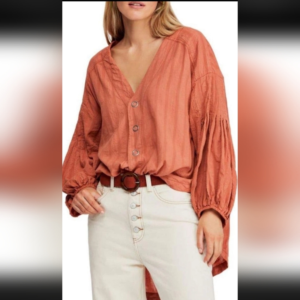 Free People Brown Buttoned Ruched Blouse